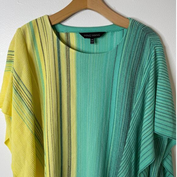 Ming Wang Large/X-Large Green & Yellow Stripe Knit Crew Neck Pullover Poncho Top - Picture 2 of 11